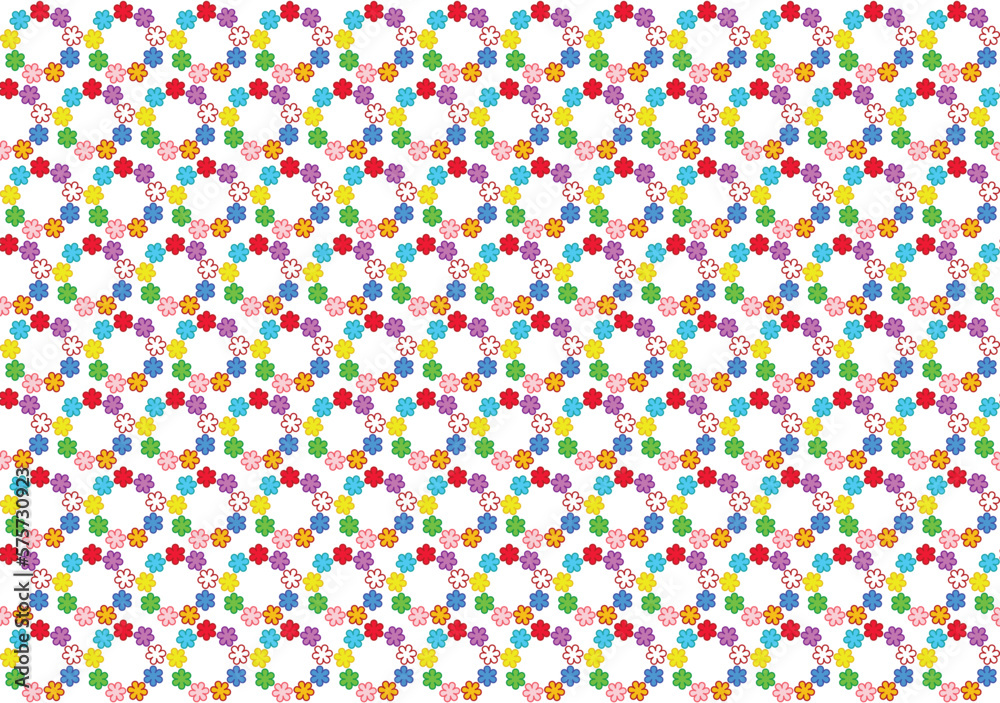 Background with floral rings of small flowers. Blooming colorful wallpaper, the same circles with flowers from a palette of colors. Vector, jpg.