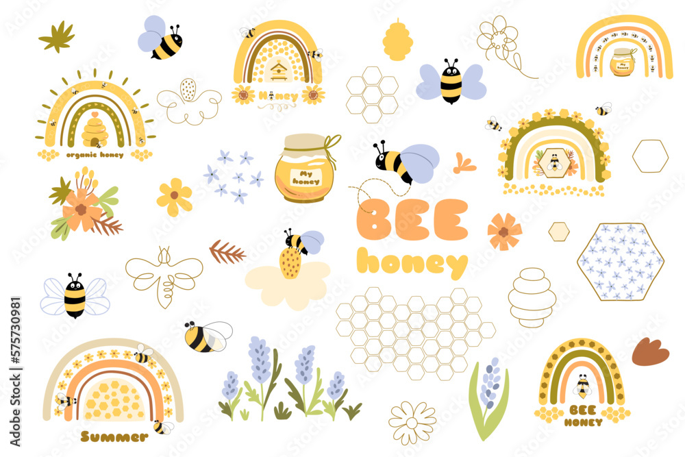 Bees set honey clipart. Hand drawn bee honey elements, one line drawing illustration. Cute yellow honey rainbow print. Vector flying honey bee. Cartoon beehive symbol, flower. Beekeper logo collection