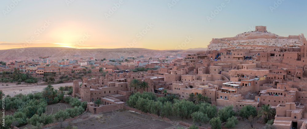Panoramic view of of Ksar of Ait Ben Haddou (Ait Benhaddou)at sunset in Morocco