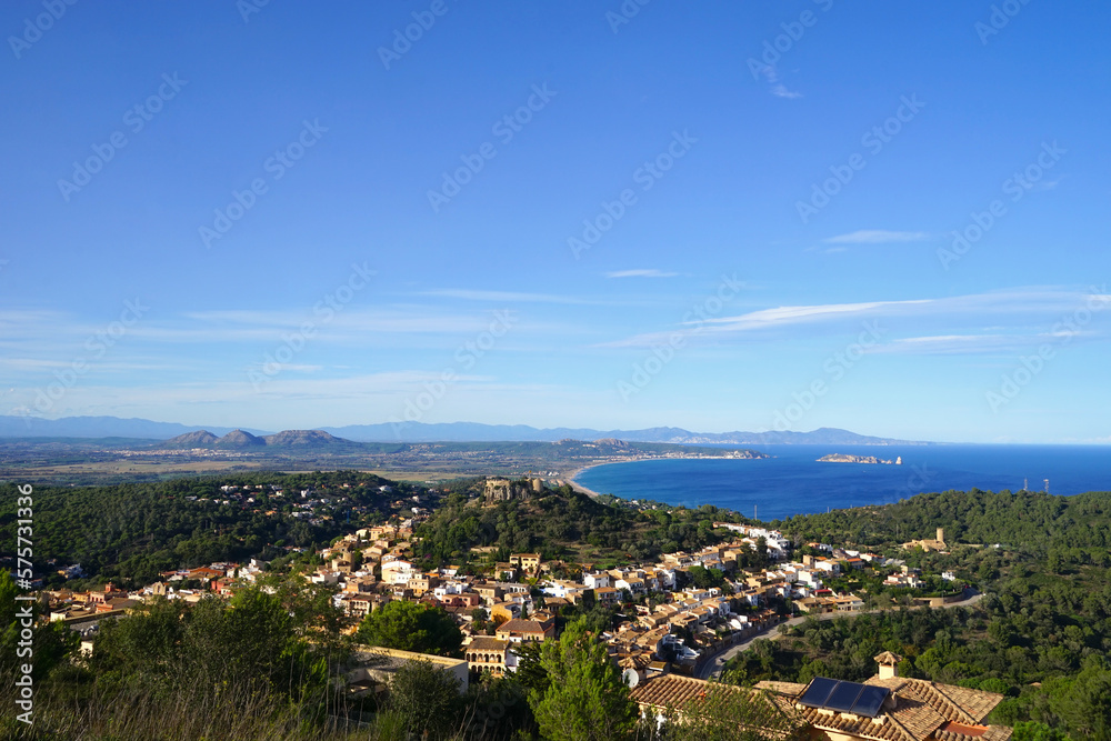View over the Catalan town of Begur with its hilltop castle over the beautiful countryside of Spain and the Mediterranean Sea to the Pyrenees, Illes Medes, Castell del Montgrí, Catalonia, Costa Brava