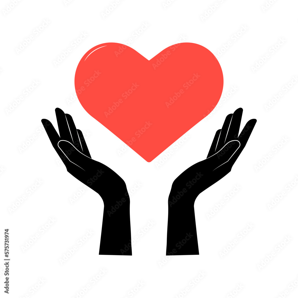 Hands holding a red heart. Silhouettes and lines. Hands holding a red heart. Silhouettes and lines.