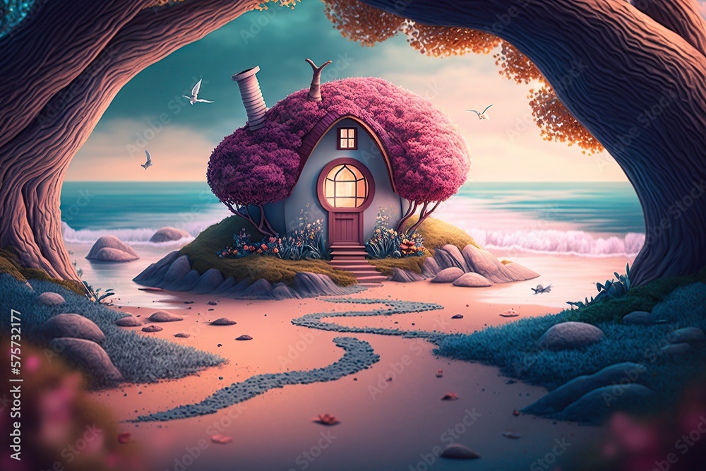 cartoon illustration, cute magic beach fantasy house, fairy tale, ai generative Stock