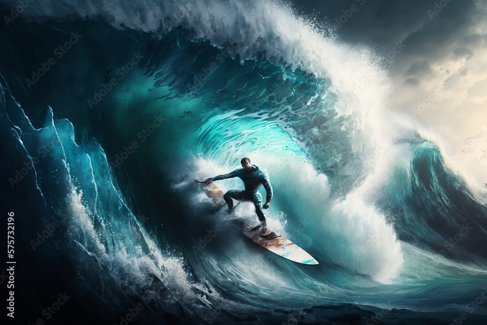 Surfer ride on surfboard at ocean wave. Generative AI

