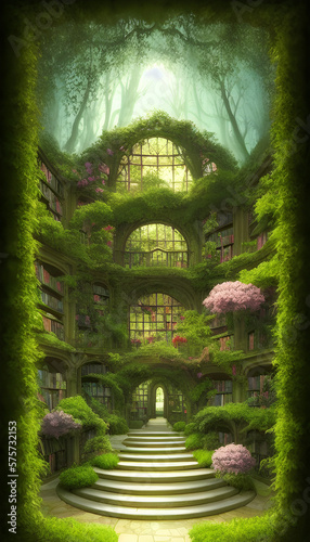 AI Digital Illustration Library In A Fantasy Secret Garden