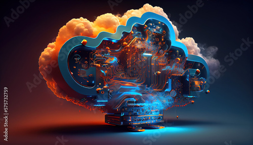 Cloud computing CAAS, yellow cloud sliced in half, servers and cables on the inside, futuristic looking, display, neutral dark background photo