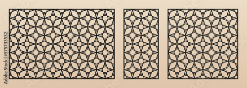 Laser cut pattern set. Vector cutting templates with abstract geometric ornament, diamond grid, mesh, thin lines. Decorative stencil for laser cut of wood, metal, plastic. Aspect ratio 3:2, 1:2, 1:1