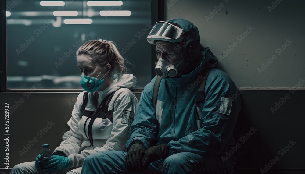 Tired healthcare workers, nurse paramedic, doctor with masks, sitting in a hospital hallway. Pandemic concept.