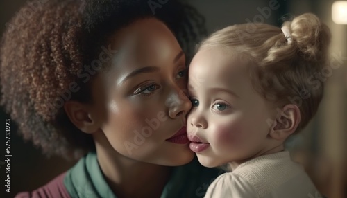 Young white African American woman mother hugging a cute white baby. Cultural intigration concept.