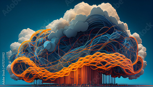 Cloud computing, giant cloud tethered with thousands of cables in different colors, blue and orange, abstract & menacing, dramatic looking, AI generative  photo