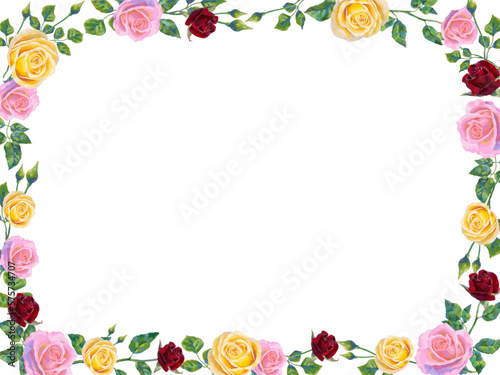 Vector background with pink and red rose flowers and green leaves. Horizontal poster