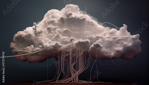 Cloud computing illustrated with thousands of cables running up to a tethered cloud, dramatic looking, looming and threatful photo