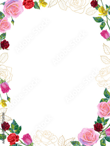 Vector background with pink and red rose flowers and green leaves.