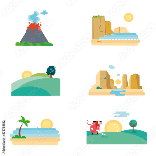SET LANDSCAPE / PAISAJE VOLCAN, CAÑON, ACANTILADO, PRADERA, PLAYA Y COLINA