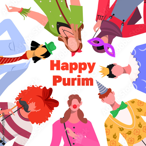 Happy Purim, Jewish celebration party with group of young modern people in masquerade costumes and funny masquerade masks. Flat vector illustration on white background.