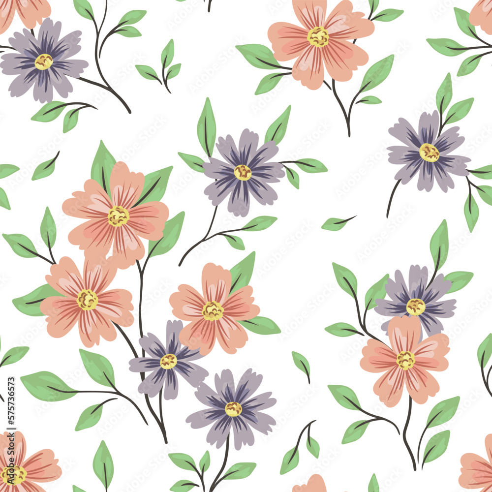 Seamless floral pattern with gentle spring botany in a rustic style. Romantic ditsy print, cute botanical design: small hand drawn flowers, leaves, branches on white background. Vector illustration. Seamless floral pattern with gentle spring botany in a rustic style. Romantic ditsy print, cute botanical design: small hand drawn flowers, leaves, branches on white background. Vector illustration.