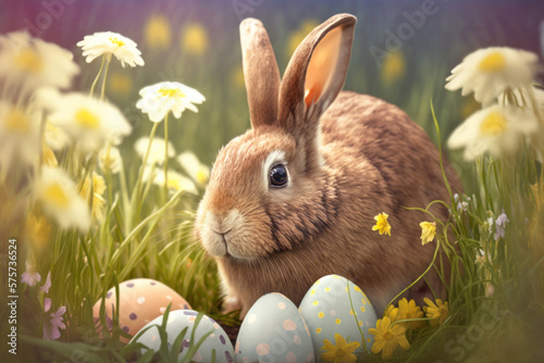 Cute little rabbit with Easter eggs in flowers meadow. AI Generative