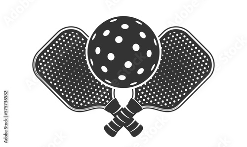 Black Pickleball Logo With Crossed Racket and Ball Over Them