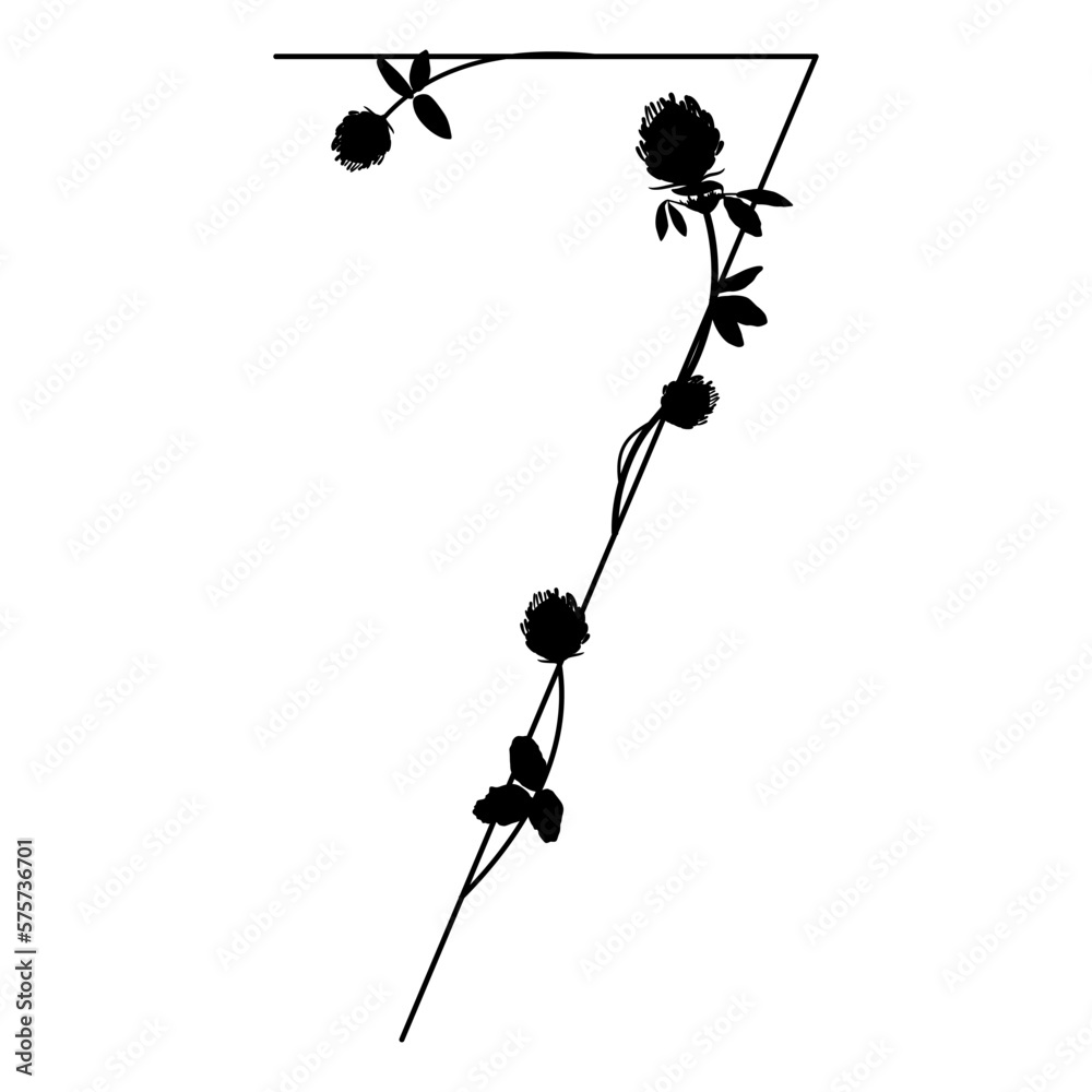 Numeral seven with red clover branches floral font number 7 black