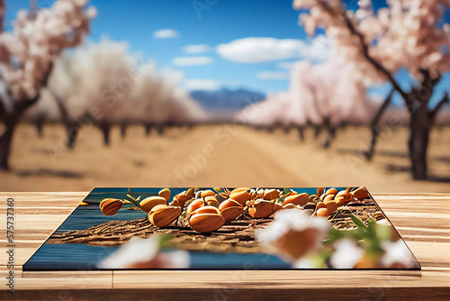 Wooden table and blooming almond garden.generative ai photo