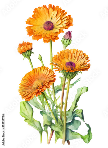 Calendula officinalis flowers over white background. Generative AI illustration in realistic watercolor style photo