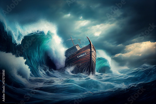 Noah's ark in a stormy sea painting.generative ai
