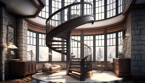 Valokuva Contemporary Interior Of Country House With Round Stair Great spiral staircase with wood steps and a metal handrail inside the tower with light walls with built - in glass blocks