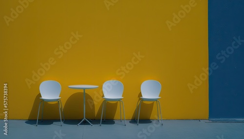 Empty yellow Chairs And Table Against Blue Wall. generative ai © Neo