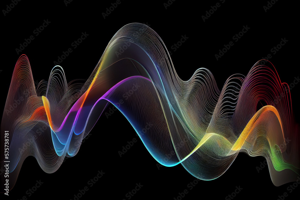 Wave lines trails flowing dynamic in diverse colors isolated on black background.generative ai