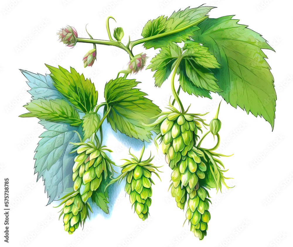 Branch od hops isolated on white background. Generative AI illustration in watercolor style - obrazy, fototapety, plakaty 