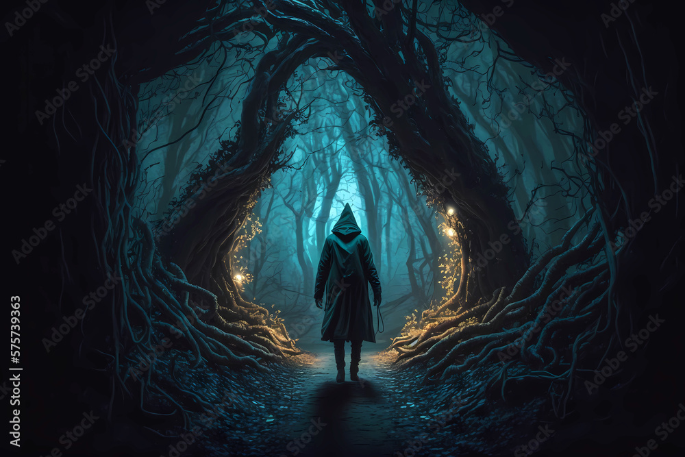 Lonely dark passenger in the fantasy forest Lonely dark passenger in the fantasy forest