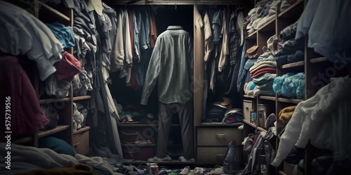 Tela Cluttered closet with clothes spilling out with person standing in front of it r