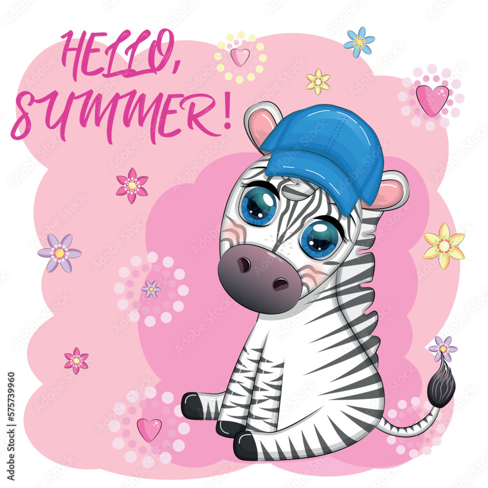 Cute zebra in a beach hat, childish character. Animal in summer clothes. Summer holidays, vacation