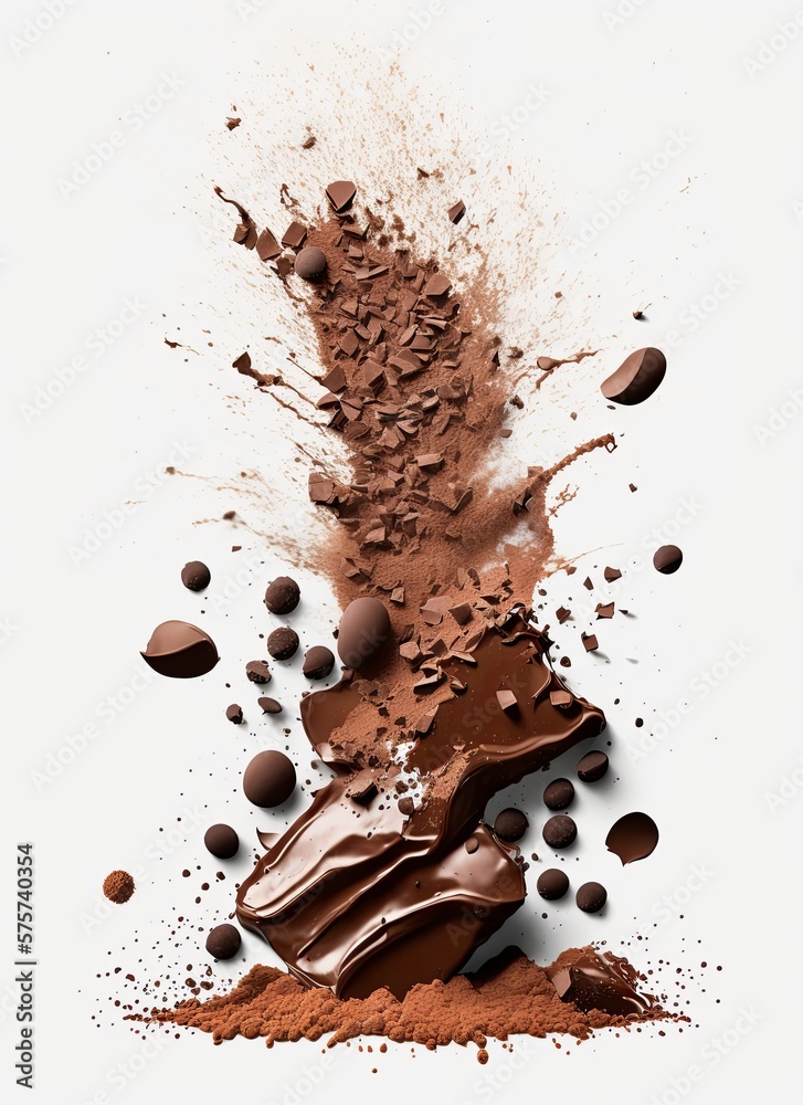 Fototapeta premium Cacao and dark chocolate explosion. Powder, particles and splashes isolated on white background. Generative AI.