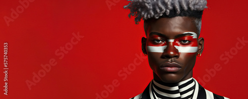 young man using red and white make up, model wearing fashion clothes