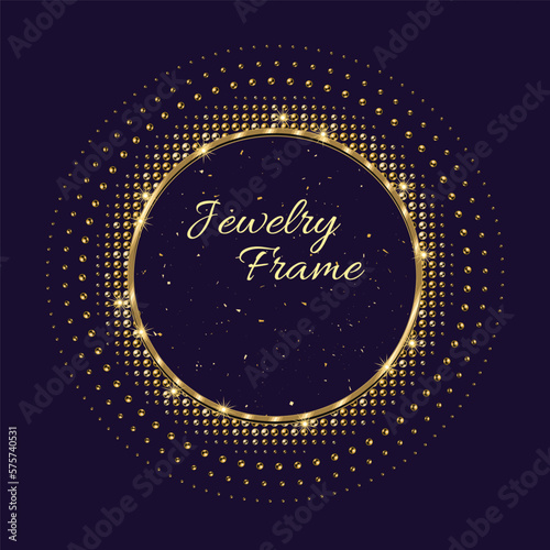 Circular frame with golden shiny beads. Round halftone shape with glittering particles. Logo, emblem, badge for anniversary, wedding, award design on dark background