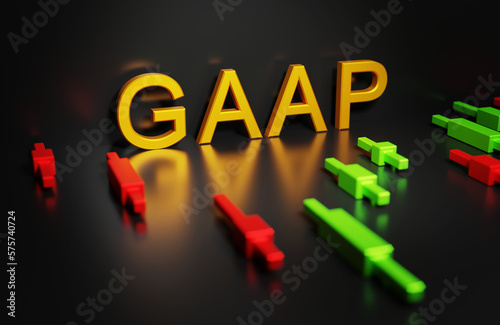 GAAP, Generally accepted accounting principles sign on a dark background with a graph of growth and decline, the impact of company reports on their stock quotes, 3d rendering