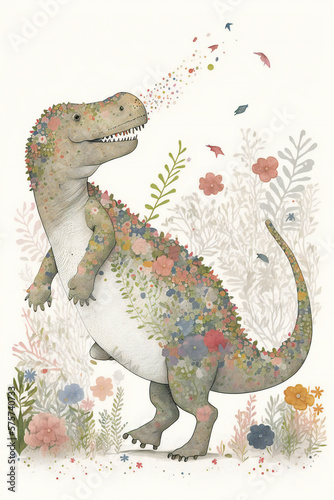 Tyrannosaurus Rex- Spring Flowers Pink and Green Illustration