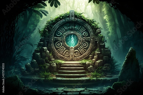 Landscape with Mayan stone portal in the forest in the evening