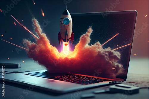 Concept for fast internet using a laptop and a rocket..generative ai photo