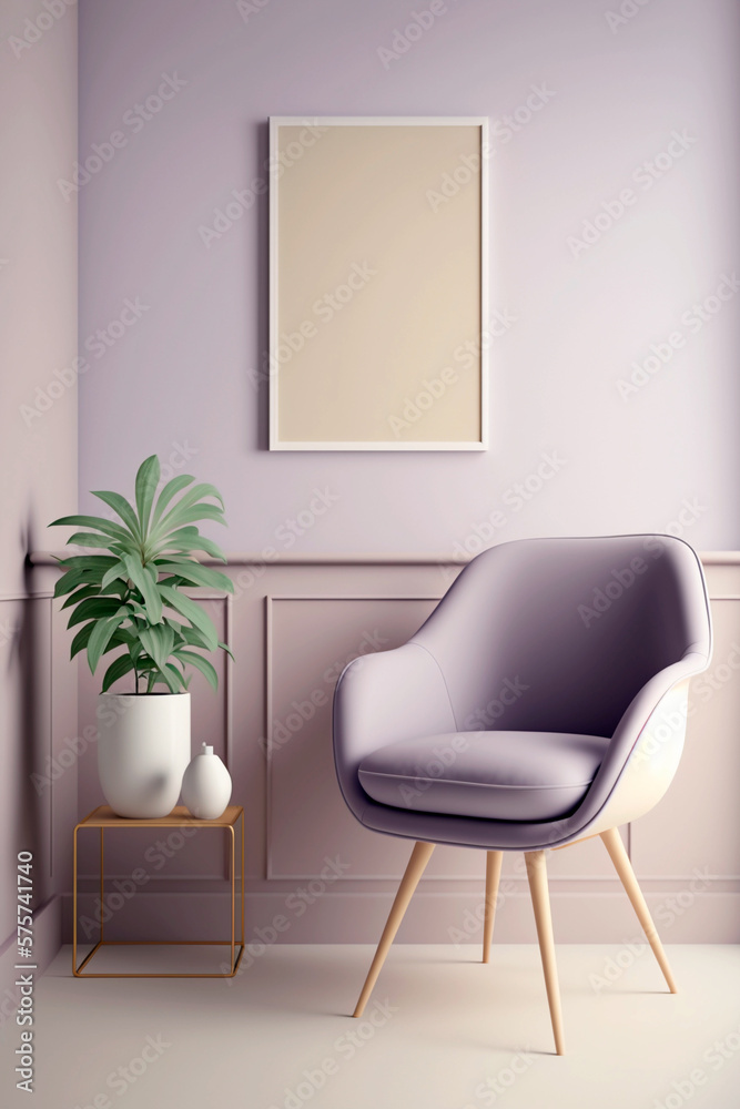 Mock up poster frame in interior background. Minimalist style chair and light empty banner with beige frame on the wall. Generative AI Mock up poster frame in interior background. Minimalist style chair and light empty banner with beige frame on the wall. Generative AI