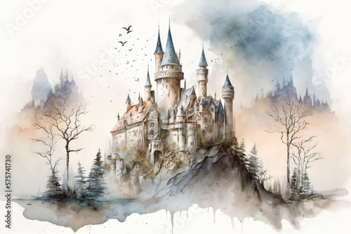 Fairy tale castle, prince and princess castle, fantasy magic castle on a lake.