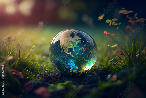 Glass globe with earth map lying on grass  earth day concept.generative ai