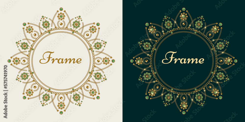 Circular luxury frame with copy space, gold jewelry chains, green gems, rhinestones, ball beads in eastern style. For prints, poster, cover, textile, surface design. Circular luxury frame with copy space, gold jewelry chains, green gems, rhinestones, ball beads in eastern style. For prints, poster, cover, textile, surface design.