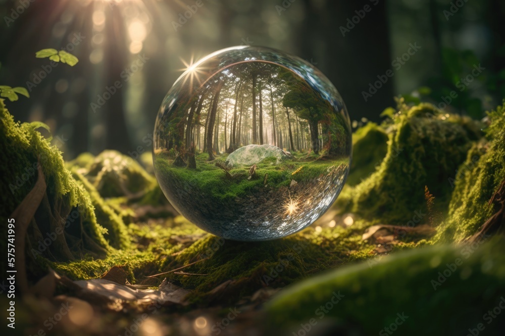 Crystal ball in the forest. Earth Day. Generative AI.