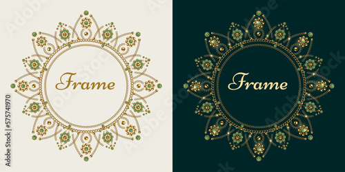 Circular luxury frame with copy space, gold jewelry chains, green gems, rhinestones, ball beads in eastern style. For prints, poster, cover, textile, surface design.