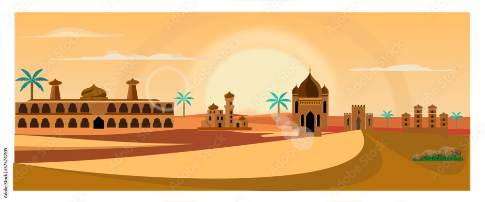 Middle Eastern city under the intense midday sun. Arabian desert landscape with traditional brick and stone buildings. Islamic architecture. Culture and Religion. vector illustration