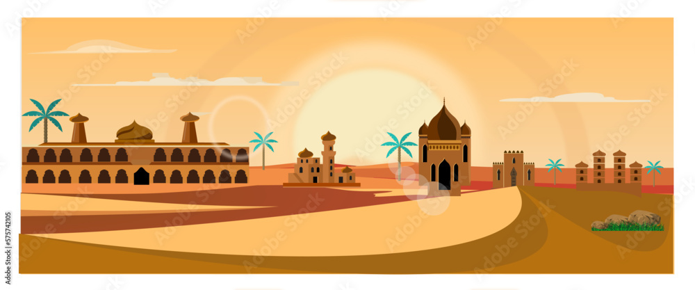 Obraz premium Middle Eastern city under the intense midday sun. Arabian desert landscape with traditional brick and stone buildings. Islamic architecture. Culture and Religion. vector illustration