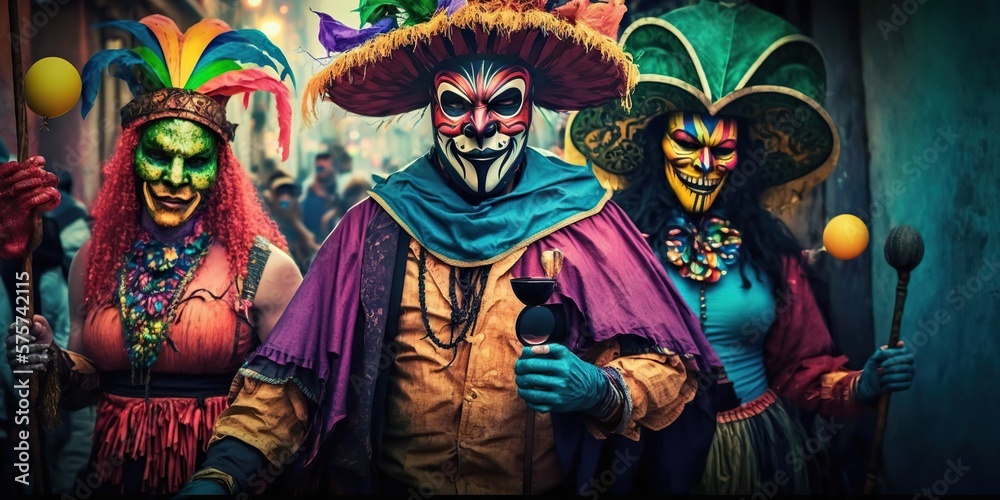 People wearing colorful masks and costumes celebrating mardi gras also known as fat tuesday last day of carnival season before lent, created with Generative AI technology