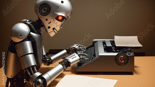 side view of cyborg robot writing a story using old typewriter and looking at paper laying next to it on table, generative AI