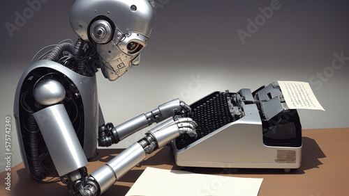 side view of cyborg robot writing a story using old typewriter and looking at paper laying next to it on table, generative AI
